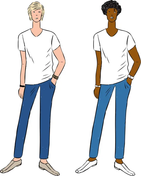 Dessins Vectoriels Jeunes Hommes Jeans Shirts Blancs — Image vectorielle