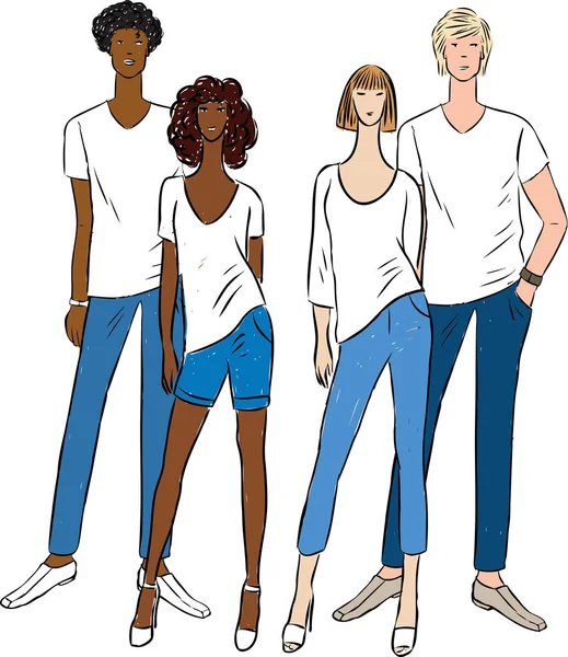 Vektor Illustration Ungdomar Sommar Bomull Jeans Kläder — Stock vektor