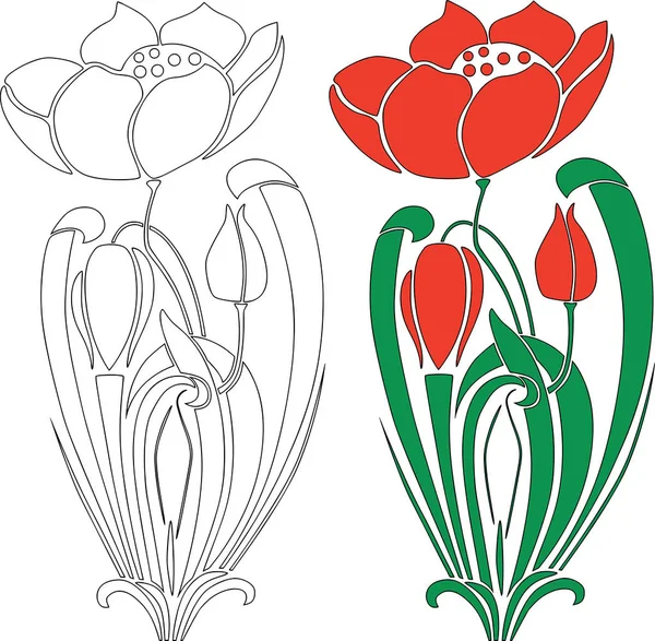 Dibujo Vectorial Flor Tulipán Rojo Decorativo Con Brotes — Archivo Imágenes Vectoriales