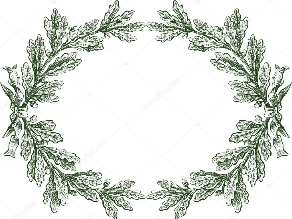 Vector floral frame from sketches oak branches with ribbon