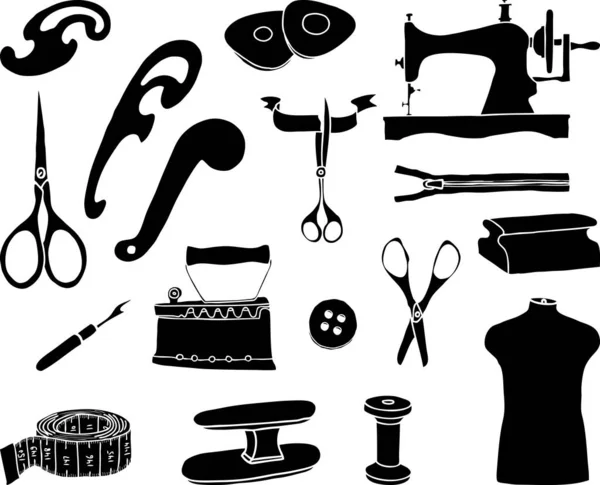 Vector Image Silhouettes Various Sewing Tools Clothing Manufacturing — 스톡 벡터