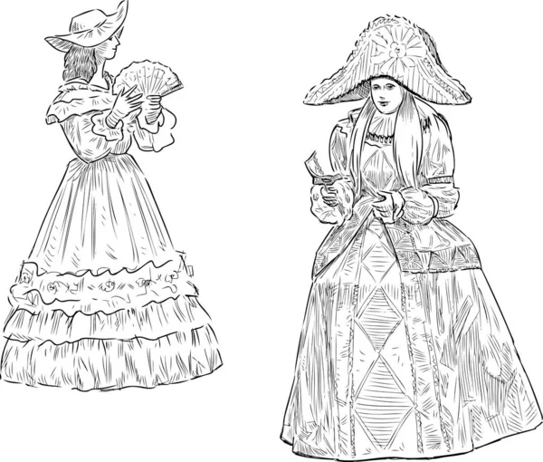 Dessin Main Levée Jeunes Femmes Costumes Carnaval Vintage — Image vectorielle