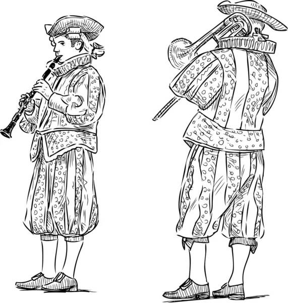穿着嘉年华服装吹喇叭吹笛的音乐家的手绘 — 图库矢量图片