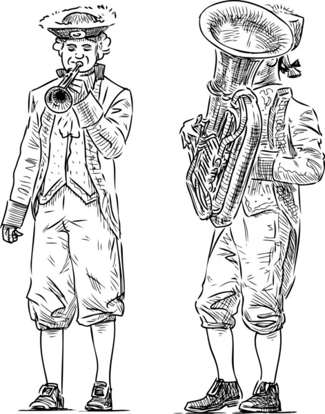 Croquis Musiciens Costumes Vintage Carnaval Jouant Des Trompettes — Image vectorielle