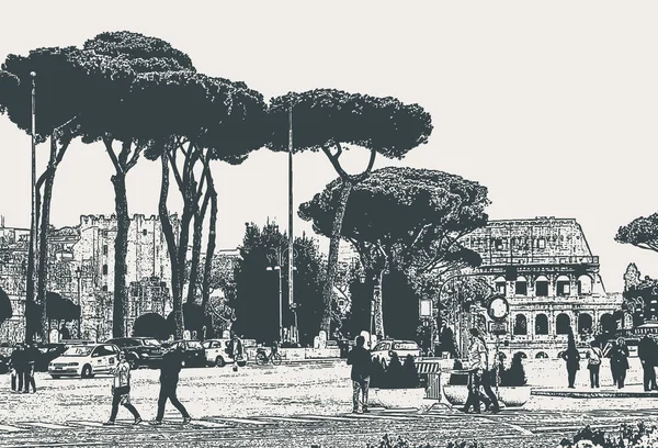 Vector Stadsgezicht Van Rome Straat Met Pijnbomen Ruïnes Van Het — Stockvector