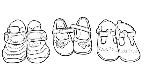 Начерки Малюнків Набору Взуття Маленьких Дітей — стоковий вектор