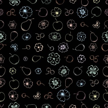 Çeşitli meyve ve çiçeklerin hatları pürüzsüz.