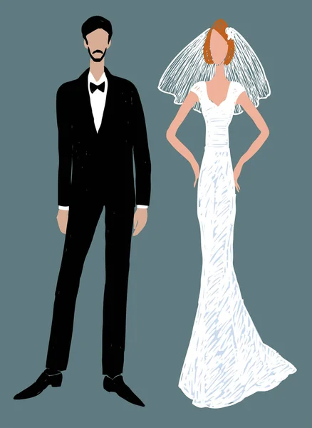 Illustrazione Vettoriale Silhouette Giovane Sposo Snello Sposa — Vettoriale Stock