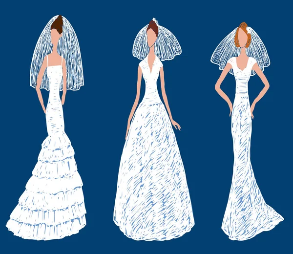 Dessin Vectoriel Jeunes Mariées Dans Différentes Robes Mariée — Image vectorielle