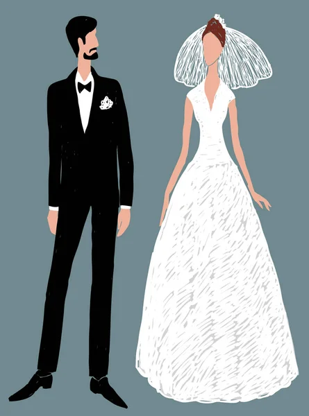 Disegno Vettoriale Sagome Giovane Sposa Sposo — Vettoriale Stock