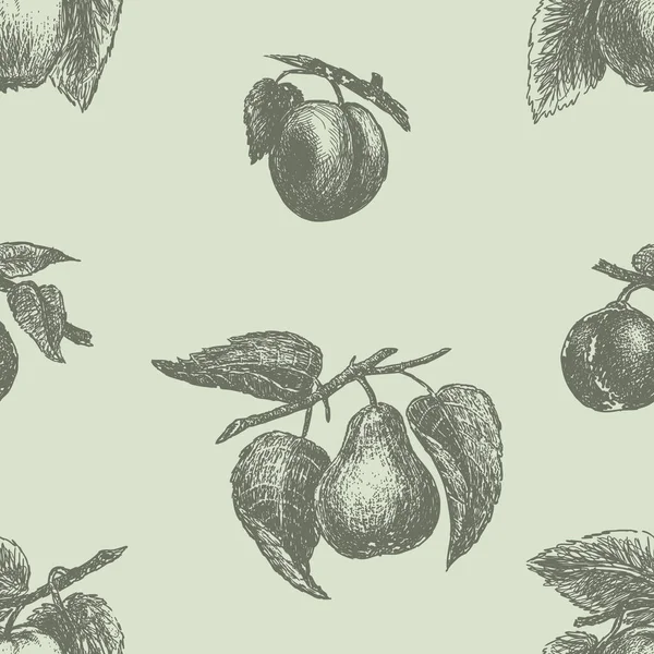 Nahtloses Muster Von Skizzen Verschiedener Früchte Auf Zweigen — Stockvektor