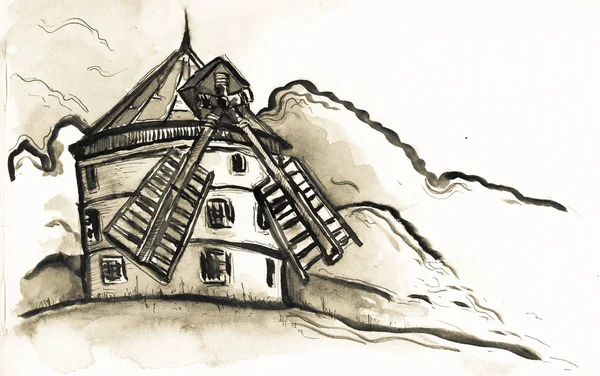 Velha ilustração moinho de vento — Fotografia de Stock