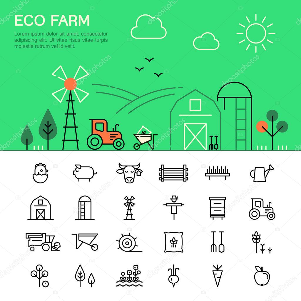 Farming and agriculture thin line icons.