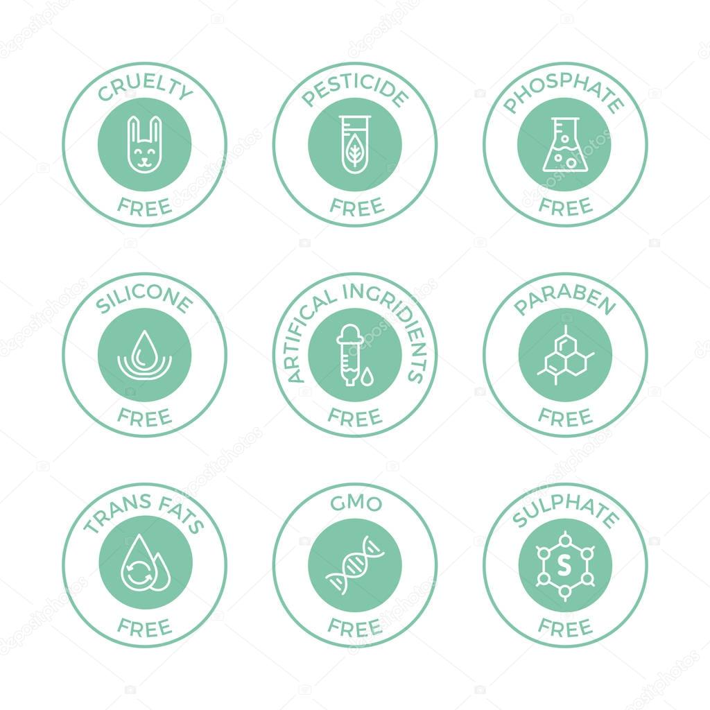 Free from paraben, artificial ingredients, pesticide, phosphate logos.For cosmetics, organic food packaging