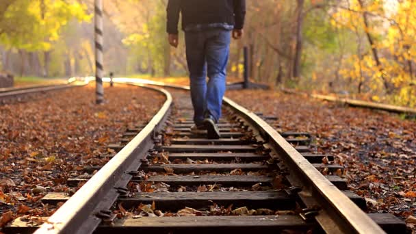 Um homem desce trilhas de trem em uma floresta dourada de Outono. Um homem sai da câmara. — Vídeo de Stock