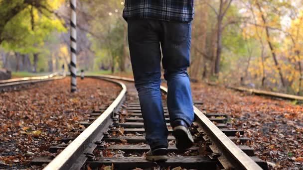 Man Jogging på spåret järnvägen i höst säsongen i skogen. — Stockvideo