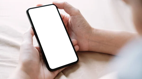 Close Woman Hand Using Smart Phone White Screen Home — Stockfoto