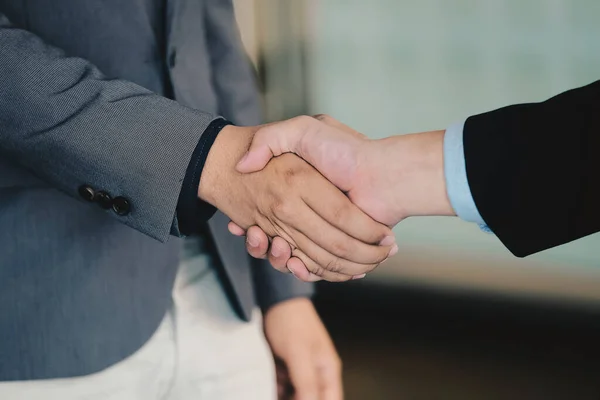 Close Business People Shaking Hands Finishing Meeting Business Etiquette Congratulation — Stock Photo, Image