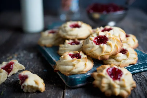 Homemade kurabie cookies with raspberry jam