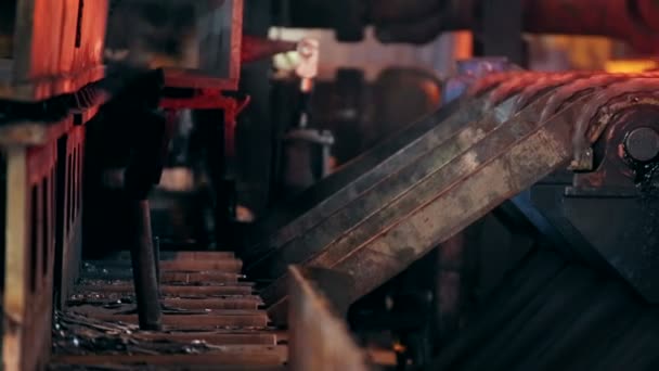 Ironworks plant. Falling Burning Hot billet. Closeup — Stock Video