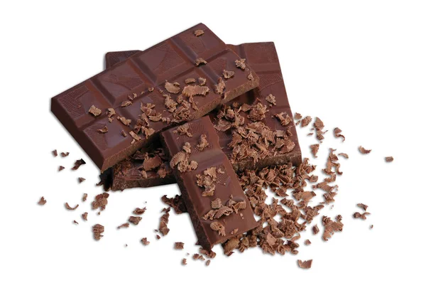白い背景にチョコレートバーとチョコレートチップ — ストック写真