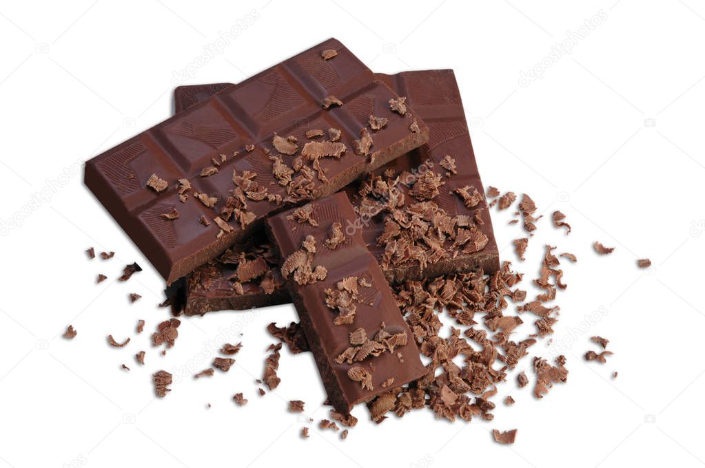 Chocolate bar and chocolate chips on a white background