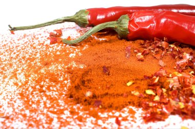 Yerden biber ve kırmızı kırmızı acı biber beyaz arka plana saçılmış.