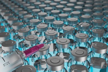 Arkaplan olarak aşı şişesi olan şırınganın aşının iğnenin ucuna düşüşünün 3 boyutlu çizimi