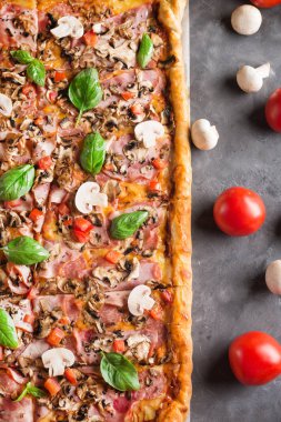fesleğen domates ve mantar üstten görünüm kare pizza. Boşaltmak.