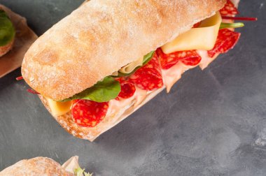 Ciabatta sandviç salam ışık gri arka plan üzerinde ile