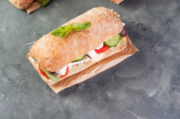 Ciabatta broodje met salami op een lichtgrijze achtergrond — Stockfoto