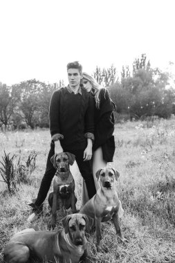 Ağaç Rodezya ridgeback erkek ve kadınlarda tasmalı bir alanda. Genç adam ve ahşap arka plan üzerinde çimenlerin üzerinde oturan bir bayan. Aşk hikayesi. Moda fotoğrafçılığı kavramı. . Oğlan ve kız ile bir köpek yürüyüş