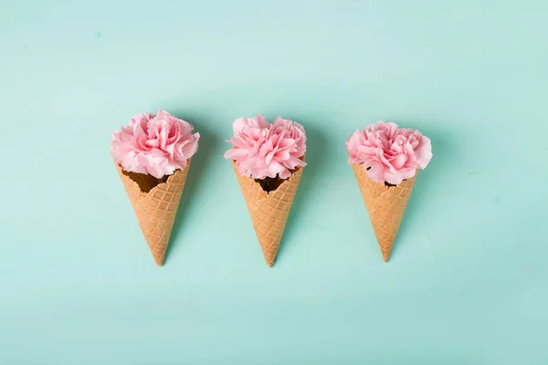 Pink flowers in waffle cones — Stock Photo, Image