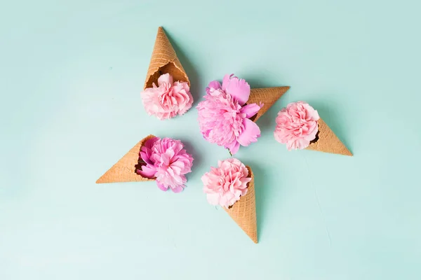 Bunga merah muda dalam wafel cone — Stok Foto