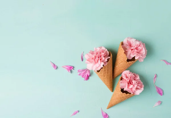 Flores rosas en conos de gofre — Foto de Stock