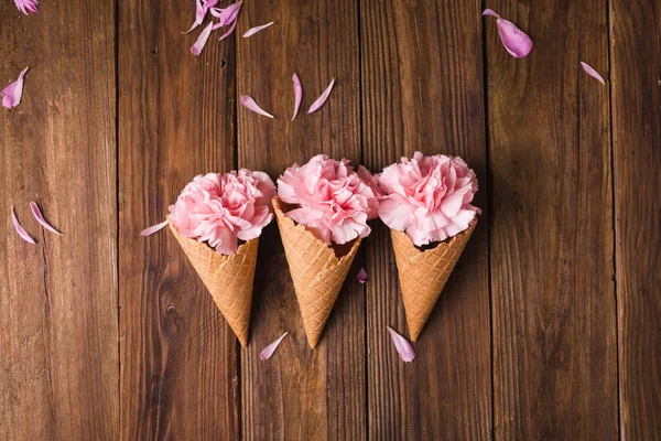 Warna pink anyelir dalam wafel cone — Stok Foto