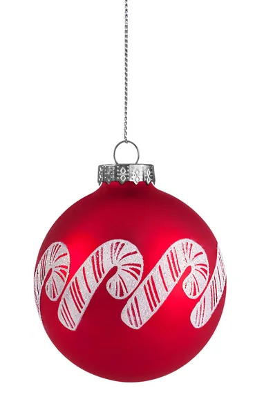 Red Candy bastone palla di Natale appeso sulla stringa, isolato su whi — Foto Stock