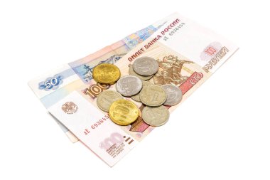 50 ruble ve yüz Moloztaşlar banknot ve bir ve on Moloztaşlar paralar izole beyaz arka plan üzerinde