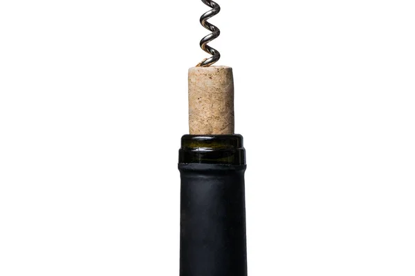 Wine cork, a part of a corkscrew and bottleneck isolated on white background — Stock Photo, Image