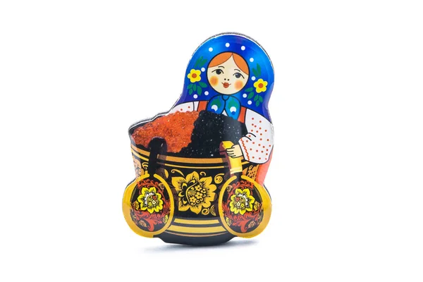 Souvenir fridge magnet - Russian beauty girl in traditional clothes with a bucket of red and black caviar