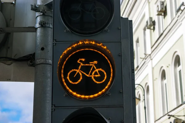 Yellow traffic light for bicycle in Moscow, Russia