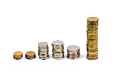 Çeşitli değerler Rus sikke yığını: 10 ve 50 kopecks, 1, 2, 5 ve 10 ruble.