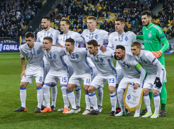 KYIV, UKRAINE - 15 March, 2018: Team photo players FC Dynamo Kiev before the UEFA Europa League match against SS Lazio at the NSC Olympiyskiy Stadium