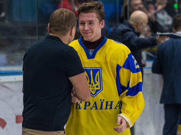 Kyiv, Ukraine - 20 april, 2018: 2018 IIHF Ice hockey U18 world championships at Palats Sportu stadium. Awards ceremony of tournament winners