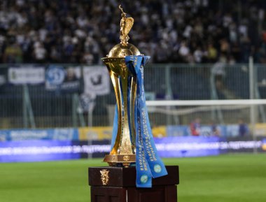 Dnipro, UKRAINE - 09 May, 2018: Cup of Ukraine on the pedestal before the match of the Ukrainian Cup Final at the Dnipro-Arena Stadium clipart