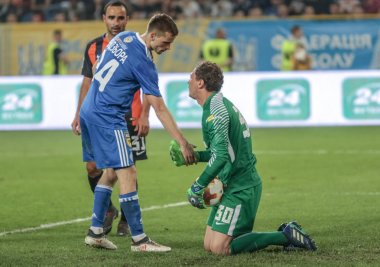 Dnipro, Ukrayna - 09 Mayıs, 2018: Andriy Pyatov Shakhtar eylem sırasında Ukraynalı Dnipro-Arena Stadı nda Fc Dinamo Kupası finalde maç sırasında