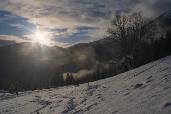 Prachtige winterlandschap met de rijzende zon — Stockfoto