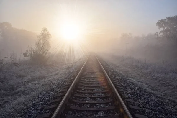 Blick auf die Bahn, die geradeaus zur aufgehenden Sonne fährt — Stockfoto