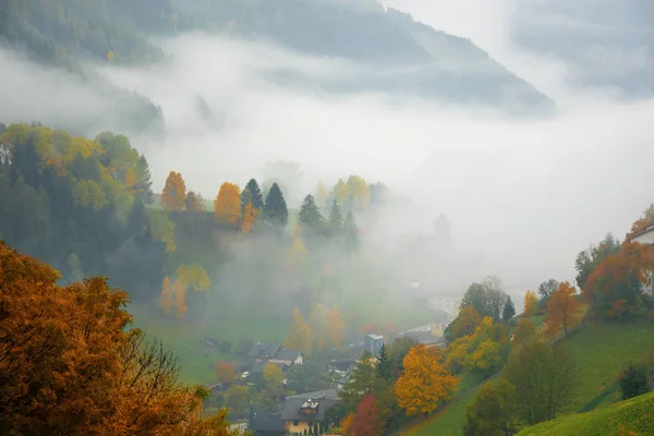 Atemberaubende Aussicht auf Berge im Nebel und bunten Herbstwald in den Dolomiten, Italien — Stockfoto