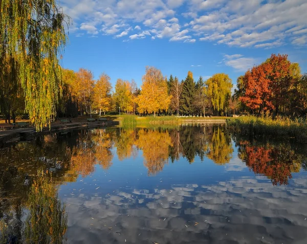 Hermoso parque de otoño con árboles de colores reflejados en el agua . — Foto de Stock